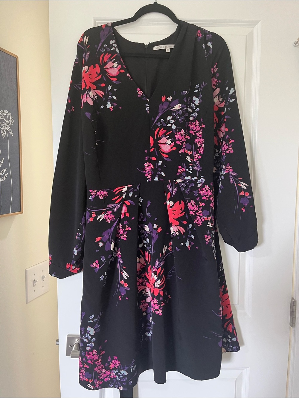 RACHEL Rachel Roy Black Long-Sleeve Floral Fit-and-Flare Dress